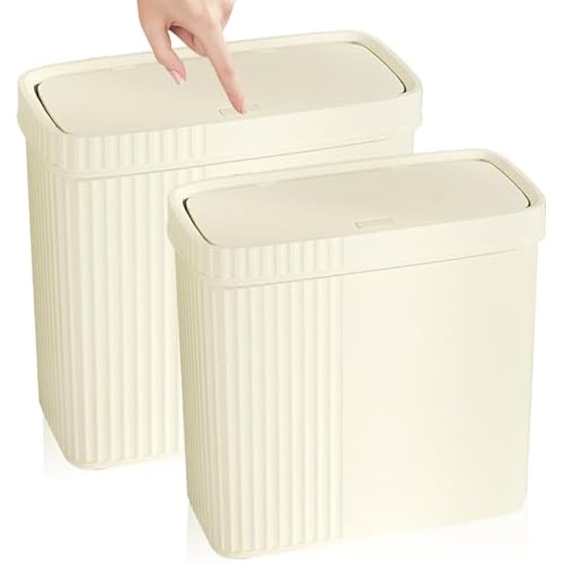 يوجولي سلة مهملات صغيرة للحمام مع غطاء، سلة مهملات بلاستيكية رفيعة للمطبخ، غرفة الغسيل، المكتب، غرفة الاطفال، المسكن، بيج، 2.4 جالون، عبوتان - Image 1